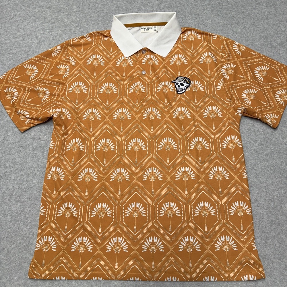 Devereux Golf Polo Shirt Mens Medium Orange Geometric Skull Caddie Golf Stretch